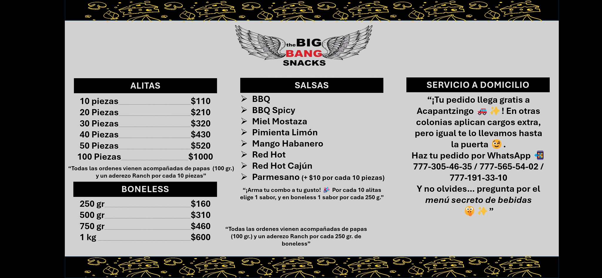 Menú de alitas, salsas y servicio a domicilio