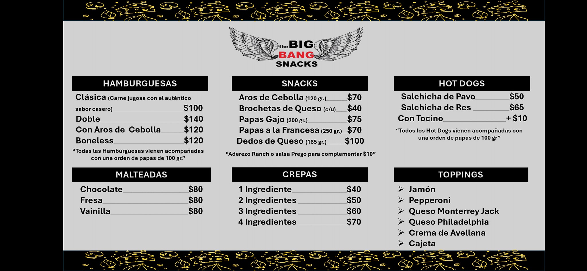 Menú de hamburguesas, snacks, hot dogs, malteadas, crepas y toppings